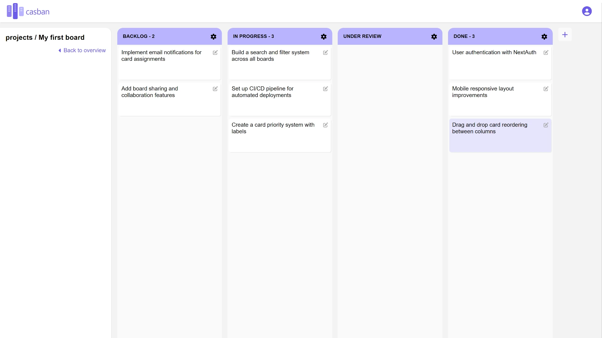 Casban kanban board with tasks in columns