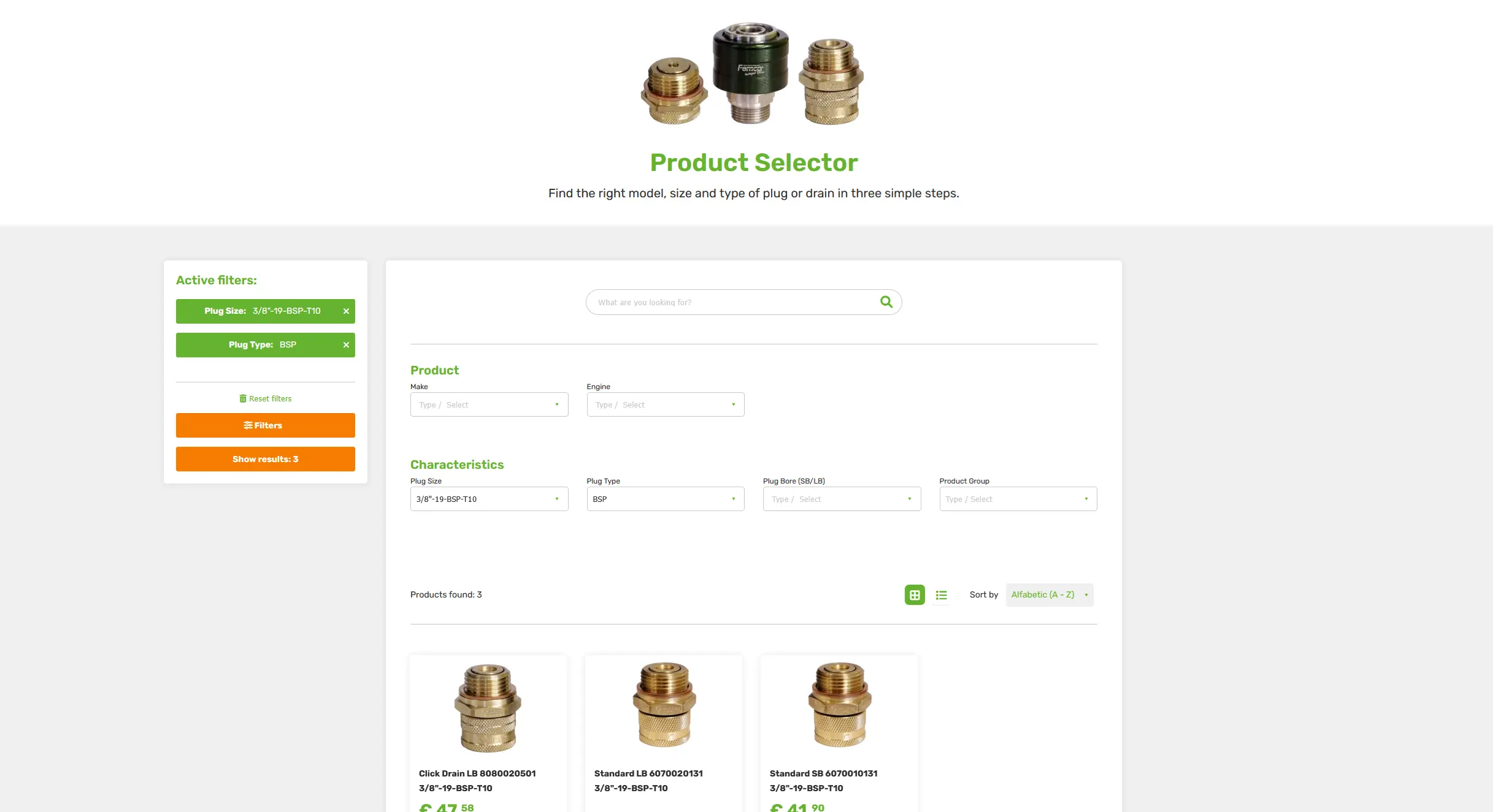 Product selector with filter options next to a list of products
